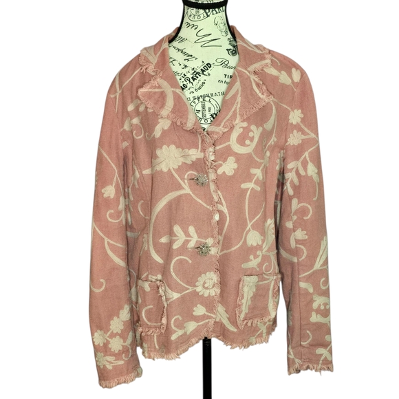 Bloomingdale's Pink EmbroideredLinen Cotton Floral Blazer Luxurious Classy 14